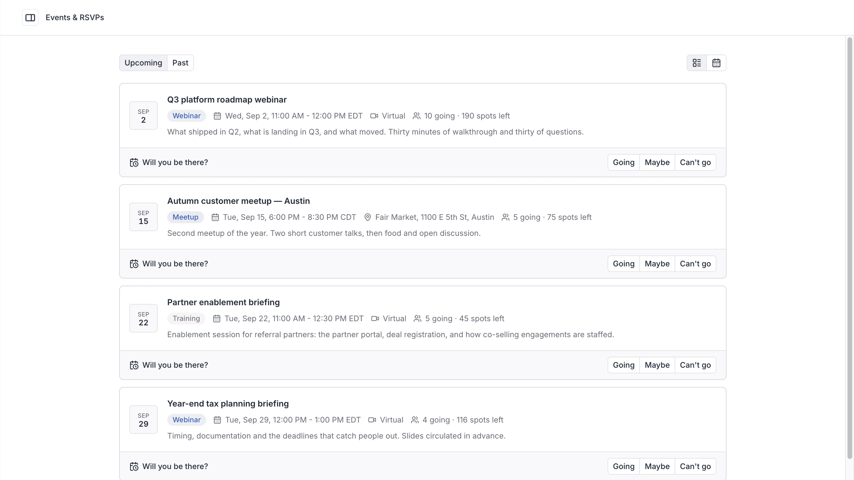 Events and RSVPs screenshot